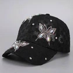 Summer Lace Flowers Baseball Caps for Women Butterfly Rhinestone Breathable Mesh Snapback Hat Hip Hop Hat Fashion Sun Hat Gorras