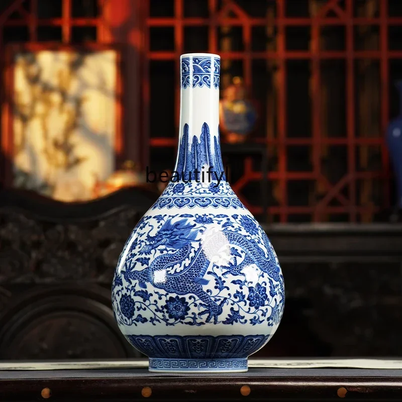 Q181 Blue and white porcelain dragon pattern bile vase Jingdezhen ceramic living room flower arrangementChinese style porch orna