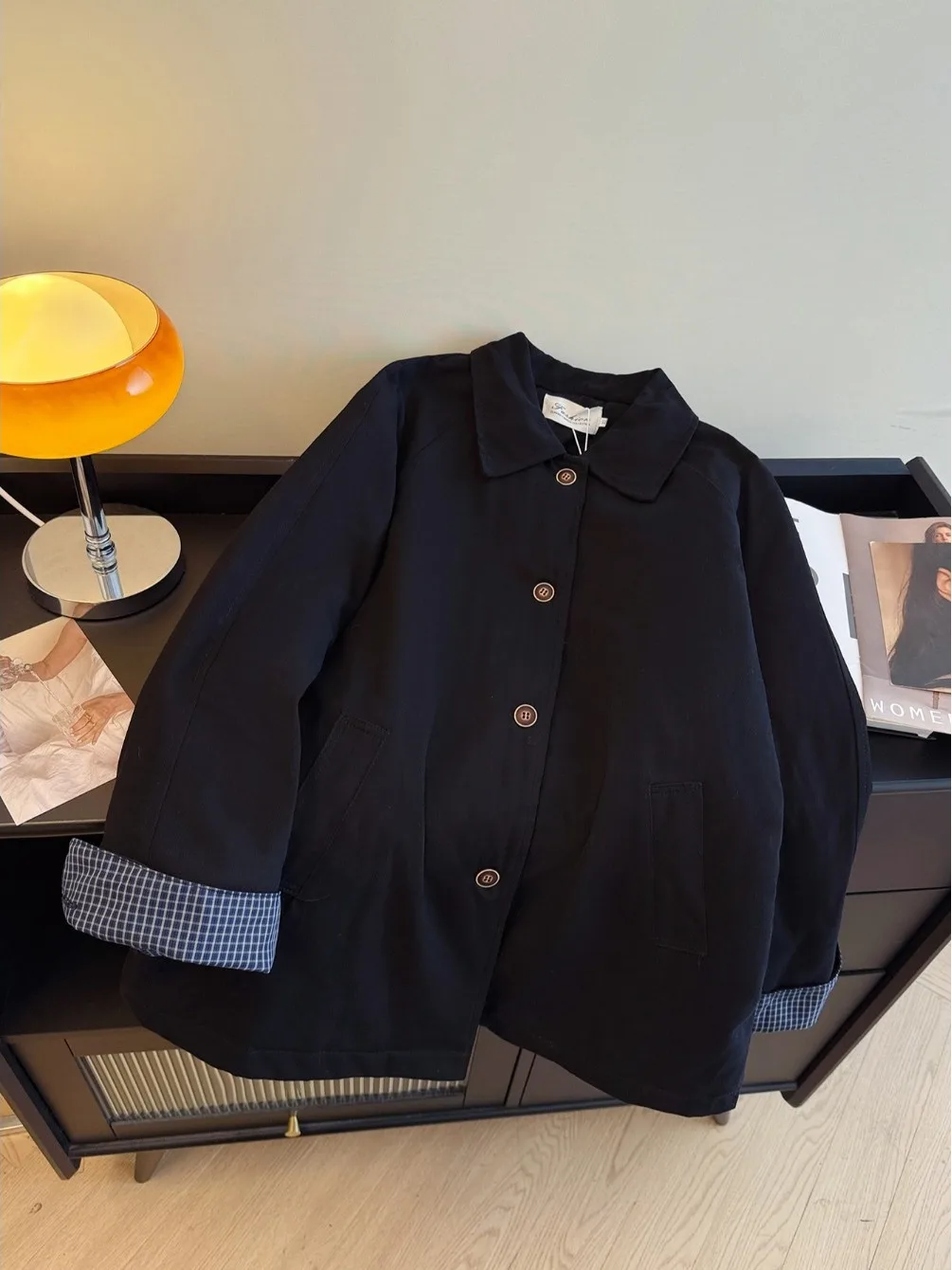 

Ladies Cotton Jaet Windbreaker Mid-Length Thiened Korean Sle Commute Pure Color Button Closure Long Sve Collar