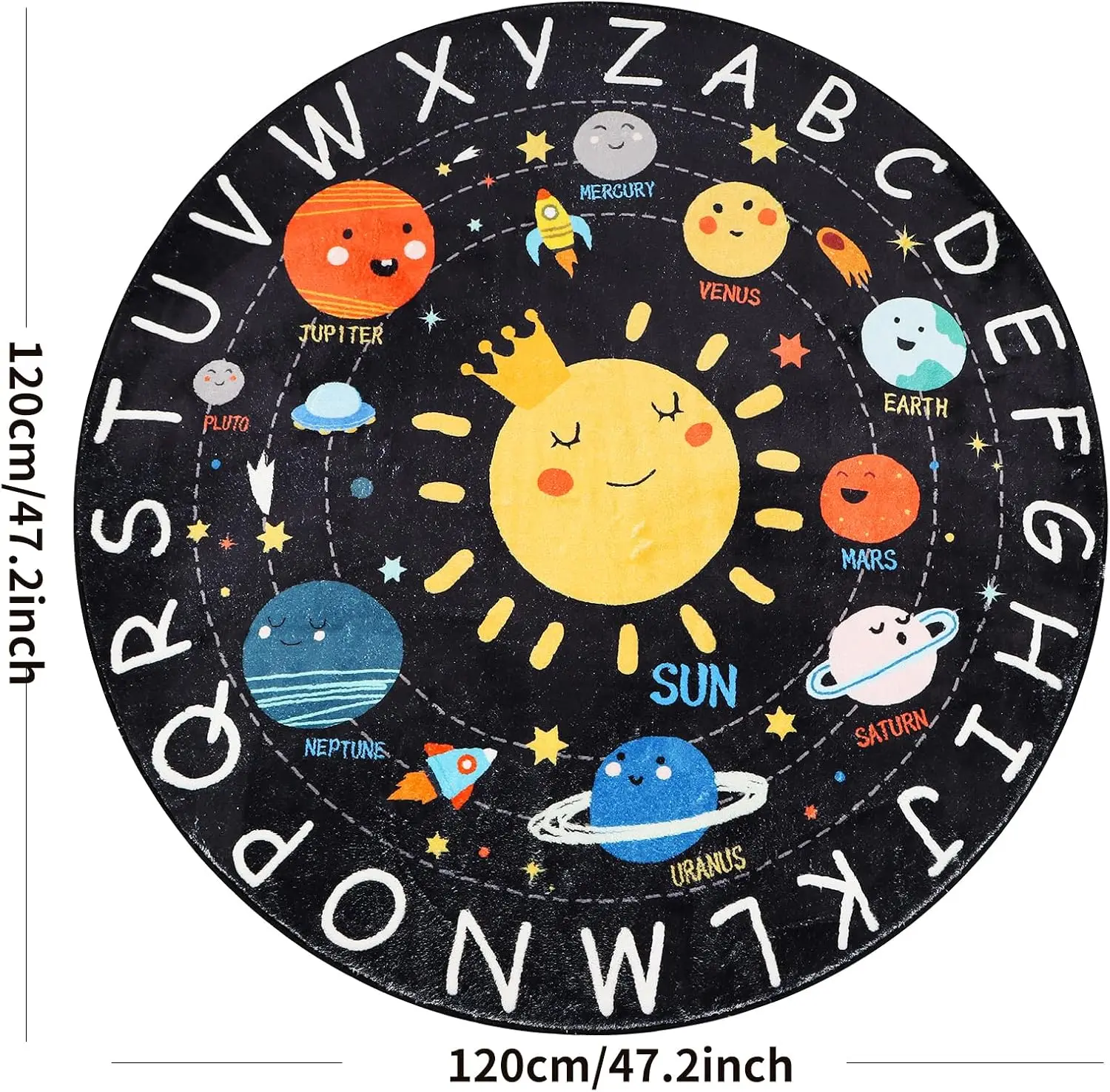 Educational Round Nursery Rug Solar System Planets Alphabet Space Kids Play Mat Universe Carpet Decor Baby Girl Boy Gift Polyest