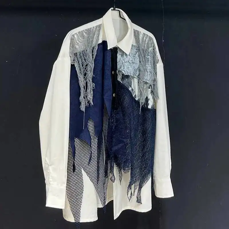 Design Blue Design Men's Shirt 2025 Loose Casual Versatile Top Contrast Color Long Sleeve Male Tops CDFR54