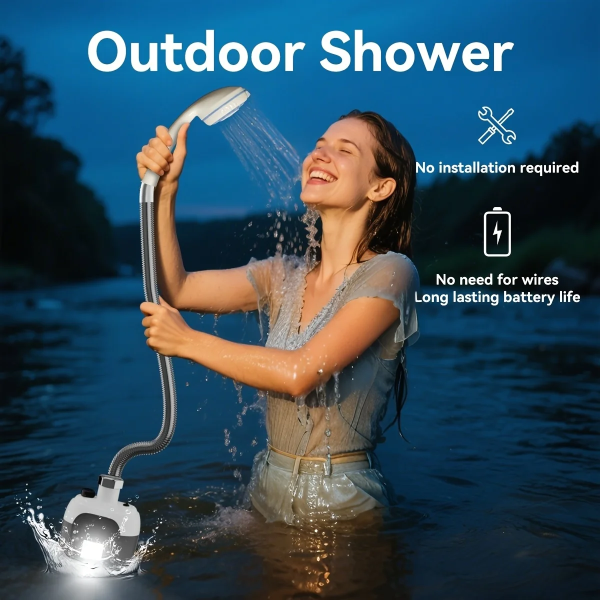 

Outdoor Portable Shower with Light Driven Mobile Showerhead, Suitable for Camping, Pet Bathing, and Family Travel