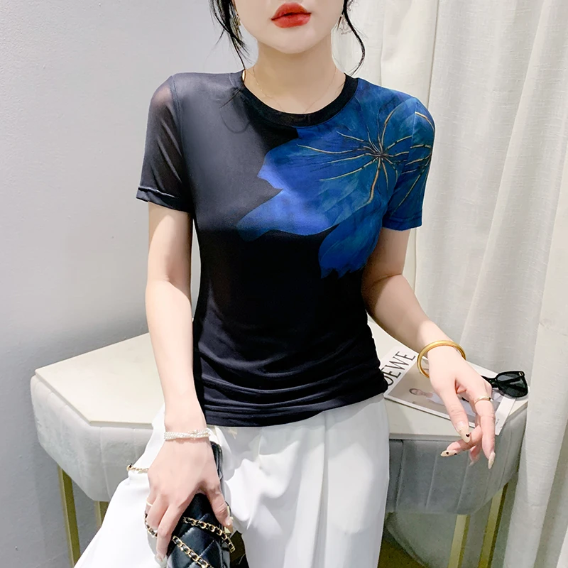 

2024 New Summer European Clothes Mesh T-Shirt Fashion Sexy O-Neck Print Plants Flower Women Tops Bottoming Shirt Slim Tees 45095