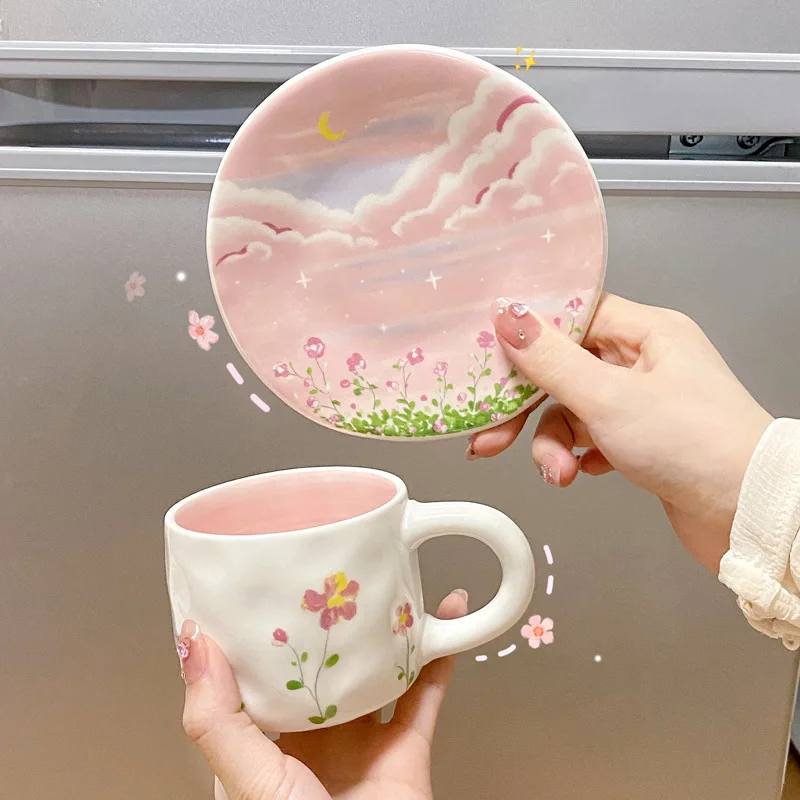 Korean-style Pink Coffee Cup Ins Style Ceramic Cup and Saucer Set Mug Hand-painted Lovely Girl Heart Afternoon Tea Heart Plate