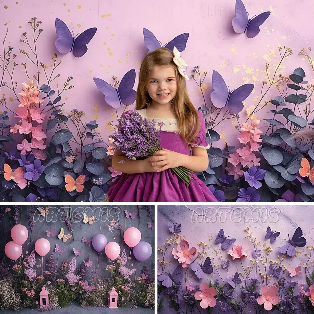 

Spring Photography Backdrop Butterfly Lavender Purple Beige Serene Pastoral Scenes Birthday Portrait Background Photo Studio