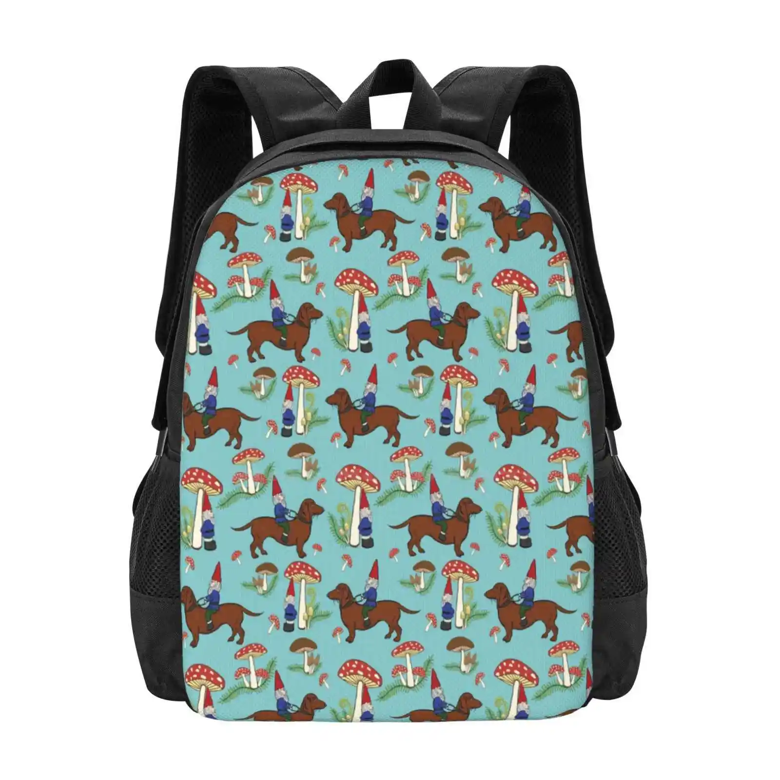 Gnome And Dachshund In Mushroom Land, Turquoise Blue Background Hot Sale Schoolbag Backpack Fashion Bags Gnomeanddachshund