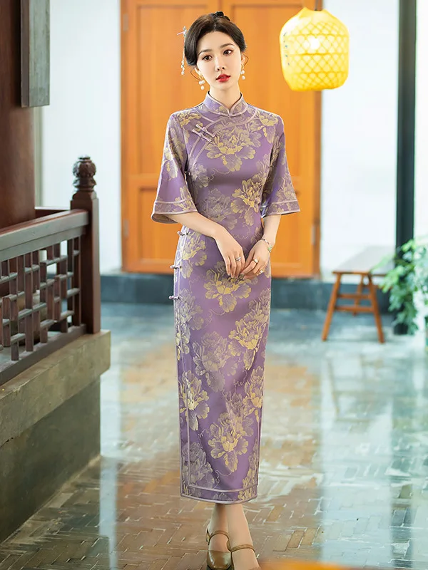 

Ярко-фиолетовое женское платье с длинными рукавами в китайском традиционном стиле, приталенное, весна-лето, новинка