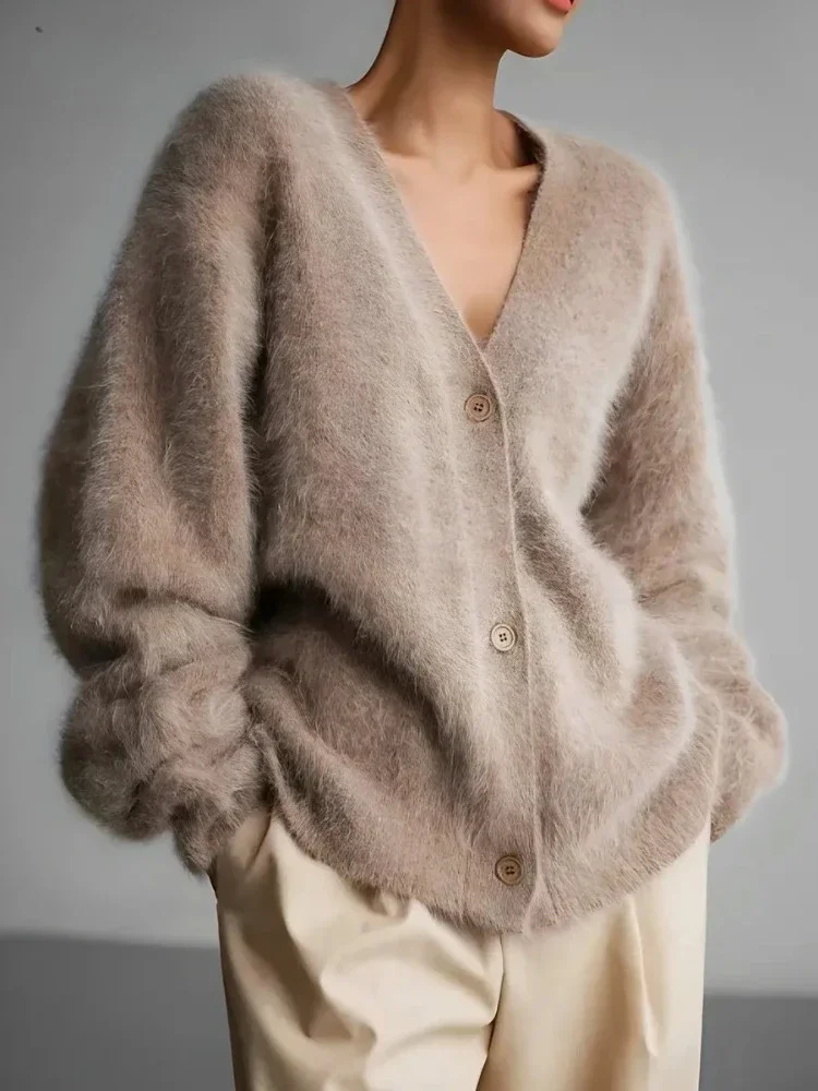 Suéter informal de gran tamaño con cuello en V para mujer, cárdigan de punto de manga larga holgado a la moda, abrigo de punto de color caqui liso para cárdigan de otoño