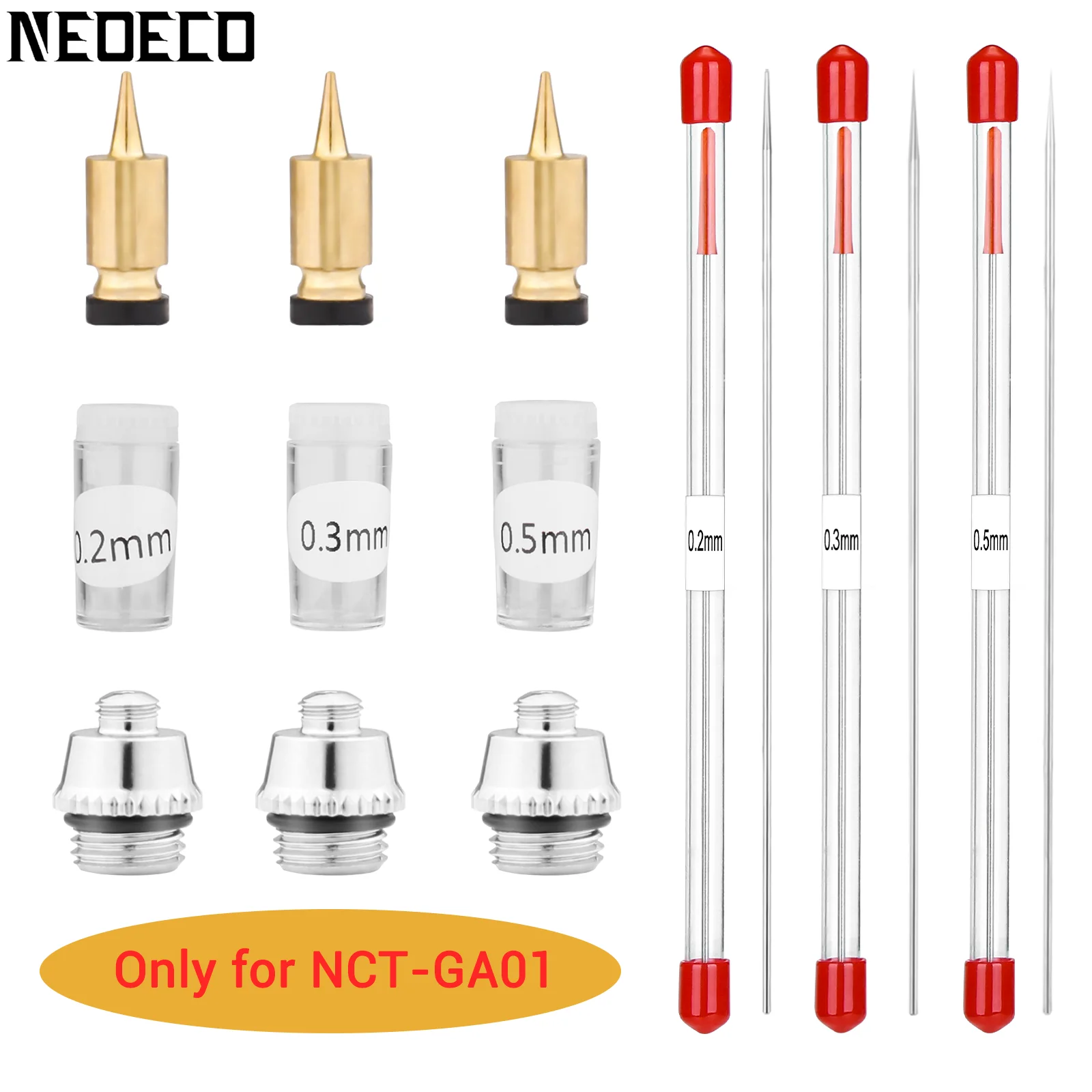 Airbrush Nozzle Needle Air Cap Set Auto Centering 0.2/0.3/ 0.5mm Air Brush Replacement Kit Parts Tool Spare Parts For NCT-GA01