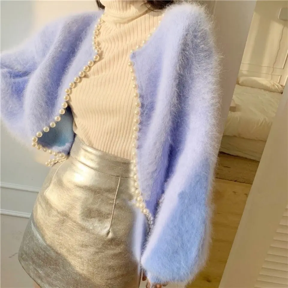 Fashion Womens Solid Color Pearl Edge Knitted Cardigan Sweater Coat