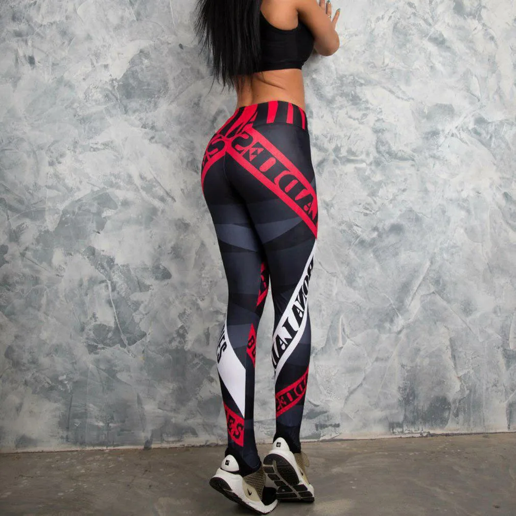 Fashion Women\'s Geometric Letter Print High Waist Yoga Running Pants Gym Tights Exercise Fitness Leggings Elastic Bodycon Pants