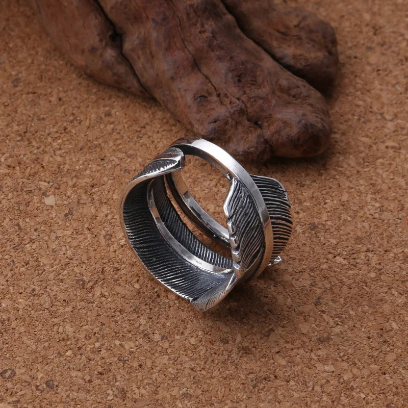 Wholesale S925 sterling silver retro Eagle series Thai silver light simple silver feather men's and women's personalized ring view 2