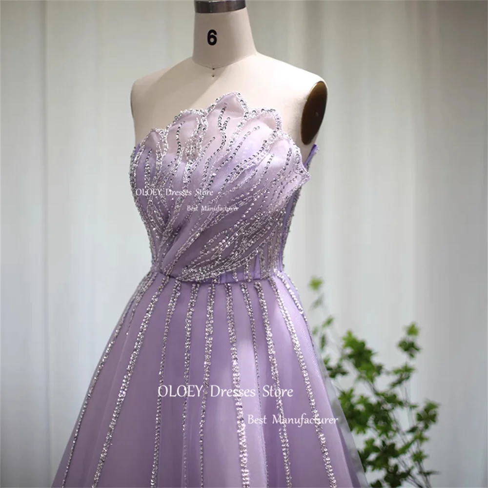 OLOEY Strapless Light Purple Prom Dresses Wedding Photoshoot Beading Silky Tulle Evening Dresses Perform Gowns Floor Length