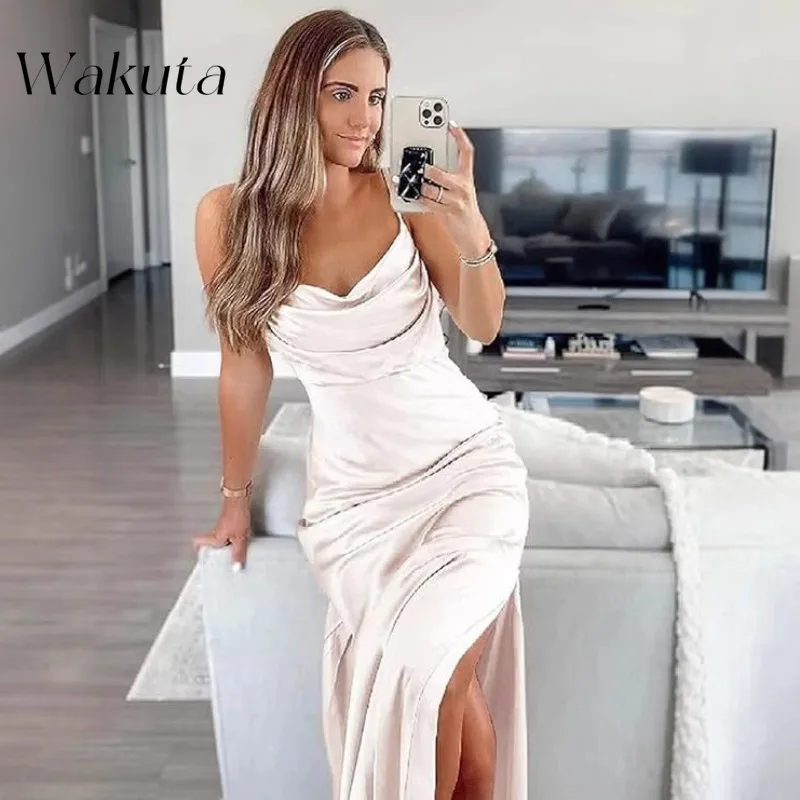 Wakuta American Vintage Swing Neck Strapless Solid Party Evening Dress Sexy Backless Slim Halter Cocktail Vestido Elegante Mujer