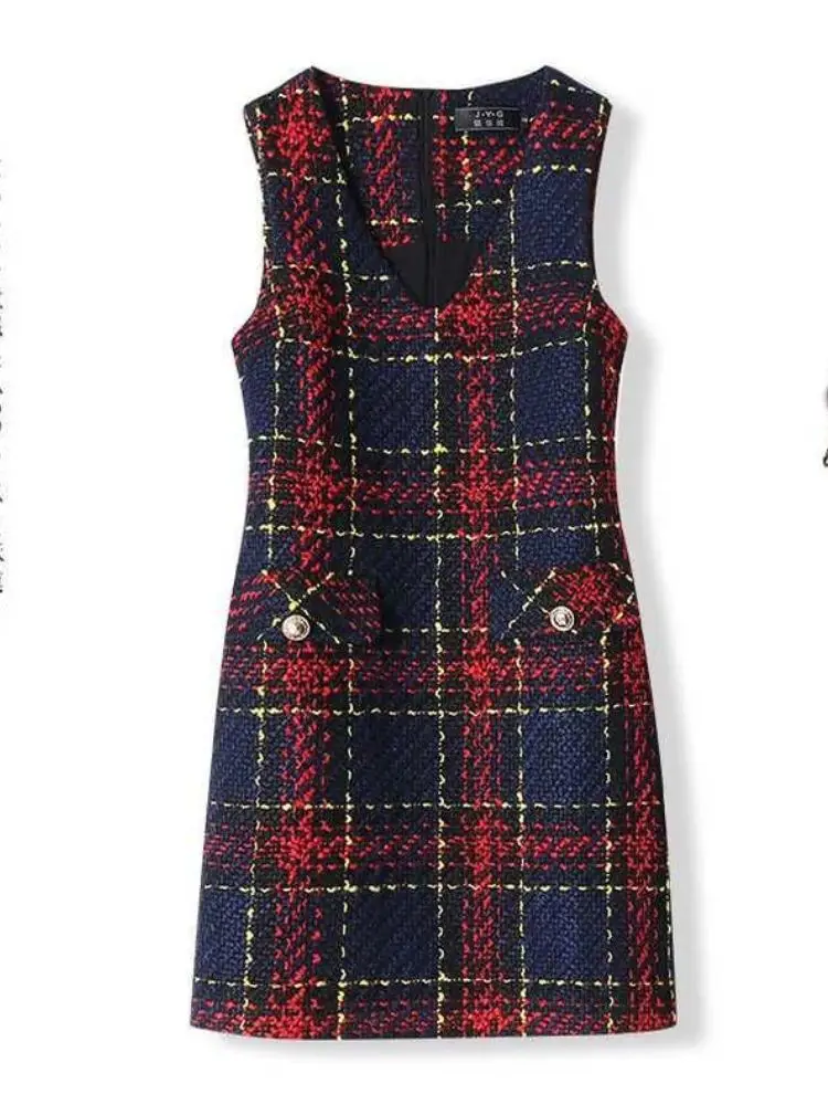 

Vintage Woven Plaid Small Fragrance Style Sleeveless Vest Dress Women Fashion Commuter Office Elegant Lady Dress