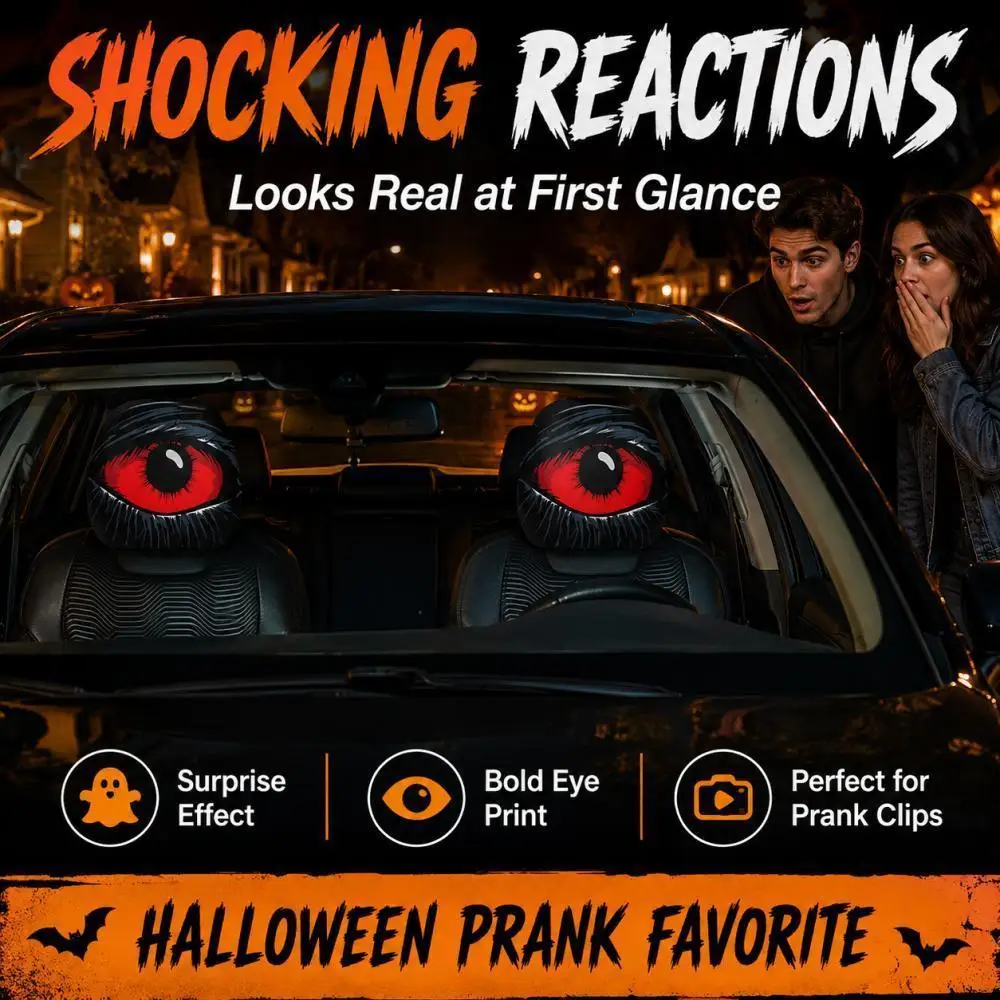 2 Pieces Halloween Prank Car Headrest Covers Scary Red 2D Eye Print Horror Spooky Decor for Car Interior Party Decorations