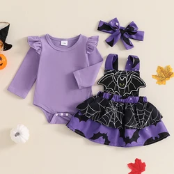 Ropa de Halloween para niña, Pelele de manga larga con volantes, estampado de calabaza/fantasma/murciélago, falda, vestido bonito para recién nacido