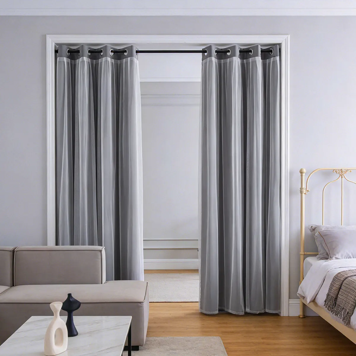 2pcs Grey Double‑Layer Curtains, Grommet Top Sheer‑Blackout Drapes, Modern Window Curtain for Living Room Bedroom