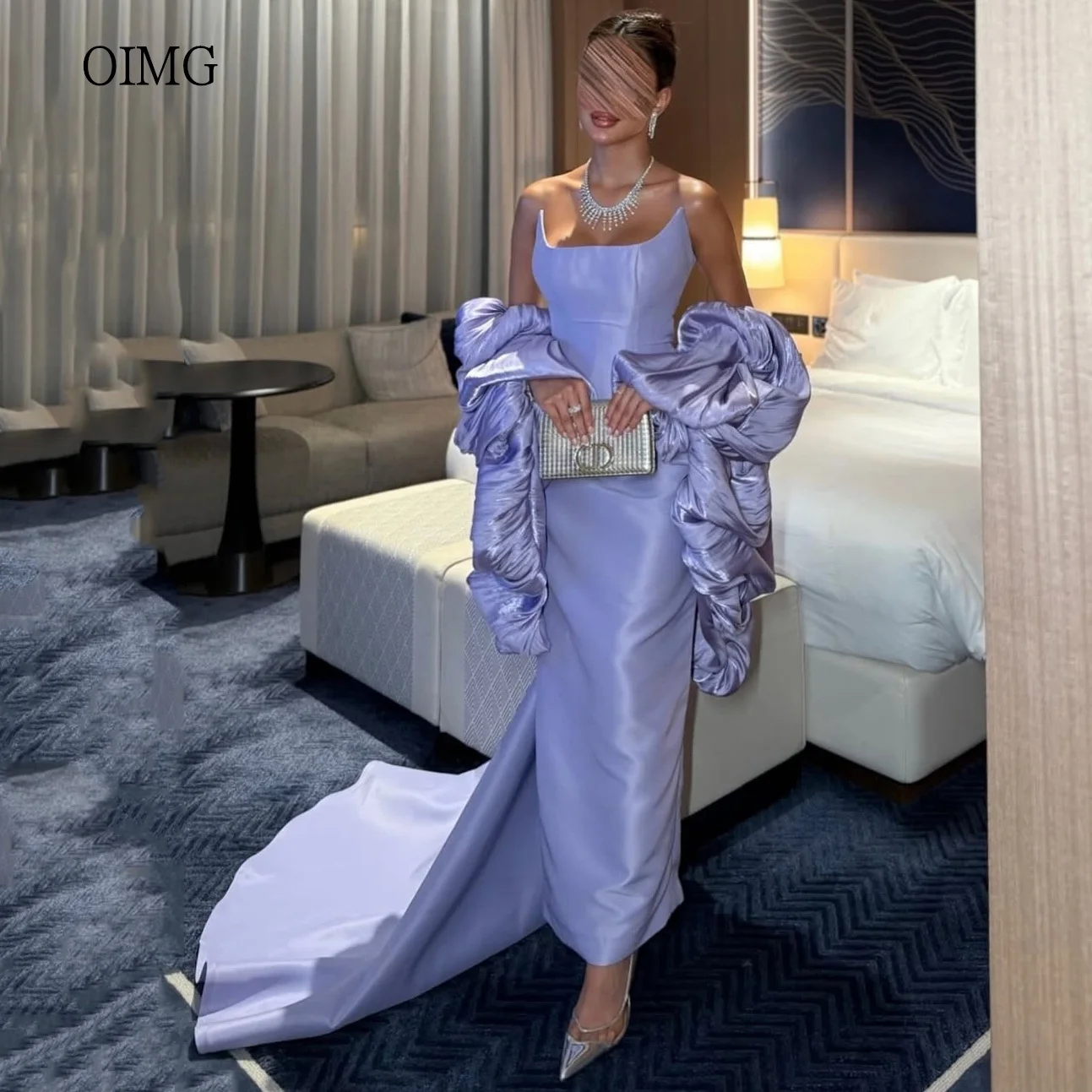 

OIMG Lavender Strapless Mermaid Prom Gowns Off The Shoulder Long Tail Formal Party Gown Ankle Length Evening Dress Customized