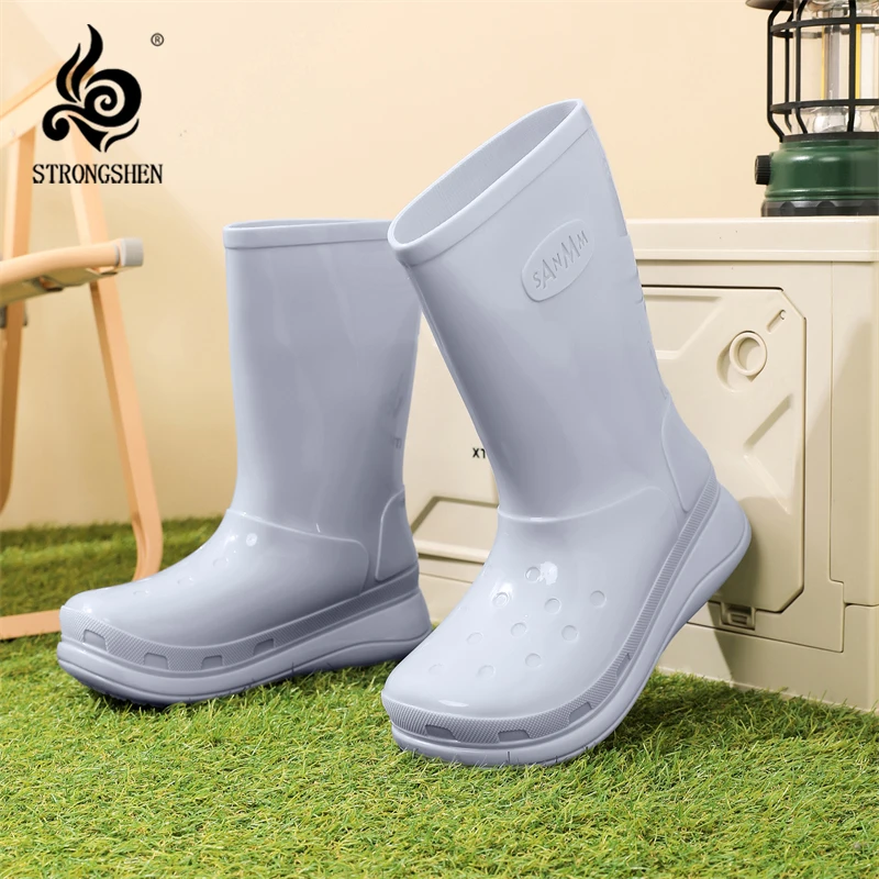 

STRONGSHEN Women Rain Boots Thick Sole Round Toe Heightening PVC Work Boots Outdoor Rubber Waterproof Non-slip Rain Boots 36-41