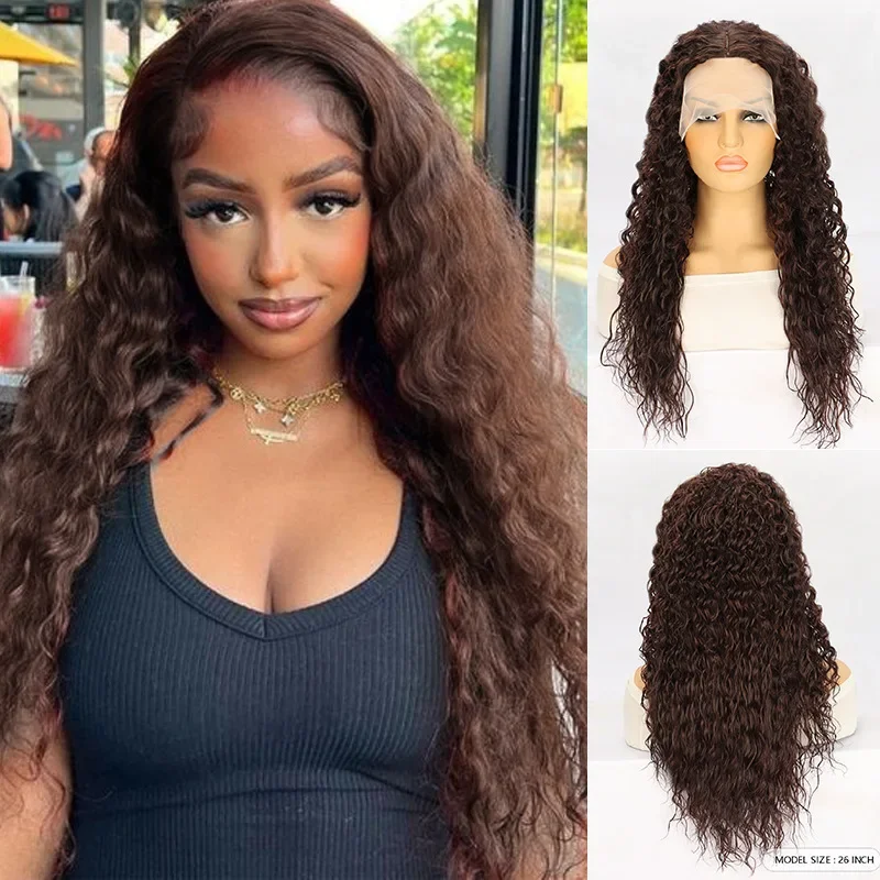 

European and American women's lace chemical fiber headgear, brown medium long curly hair, small curly hair