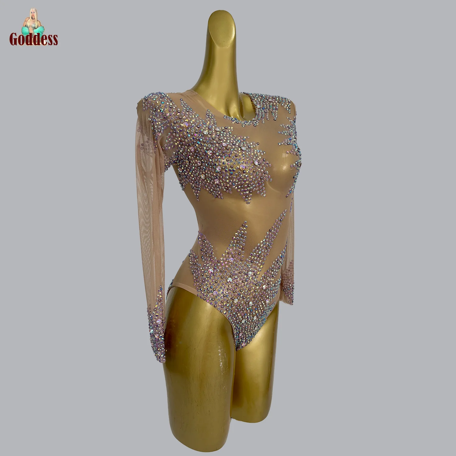 Women Fancy Leotard Rhinestones Skinny Bodysuit Club Girls Dance Show Bodysuits Bars DJ Singer Stage Costumes Sheer Mesh Leotard