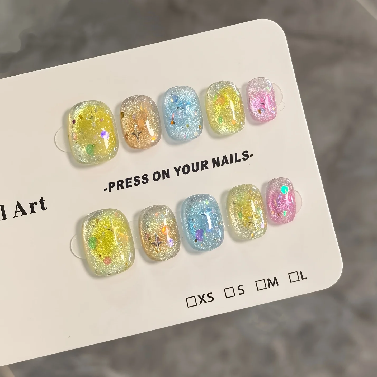 10pcs Handmade Press on Nails New Candy Summer Colorful Flashing Cat's False Nail for Women&Girls Detachable Wearable Nails