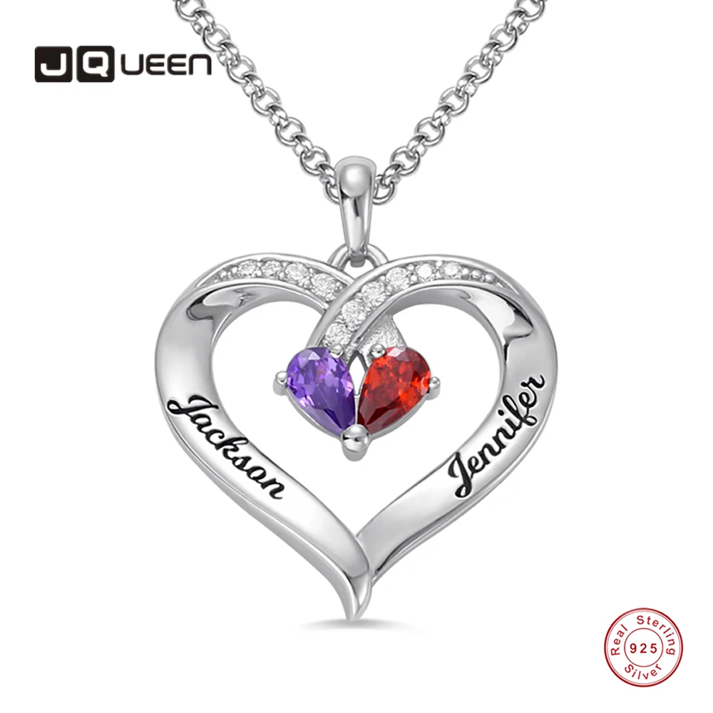 

JQUEEN 925 Silver Necklace Customized Drop Gemstone 2 Birthstone 2 Name Women's Heart-shaped zircon Birthday Gift Jewelry