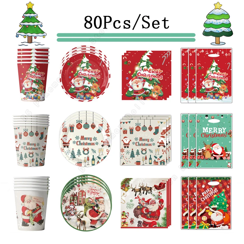 80Pcs/Set Christmas Tableware Kit Festive Party Supplies Plate Napkins Paper Cups Goodie Bag Christmas Party Decorations