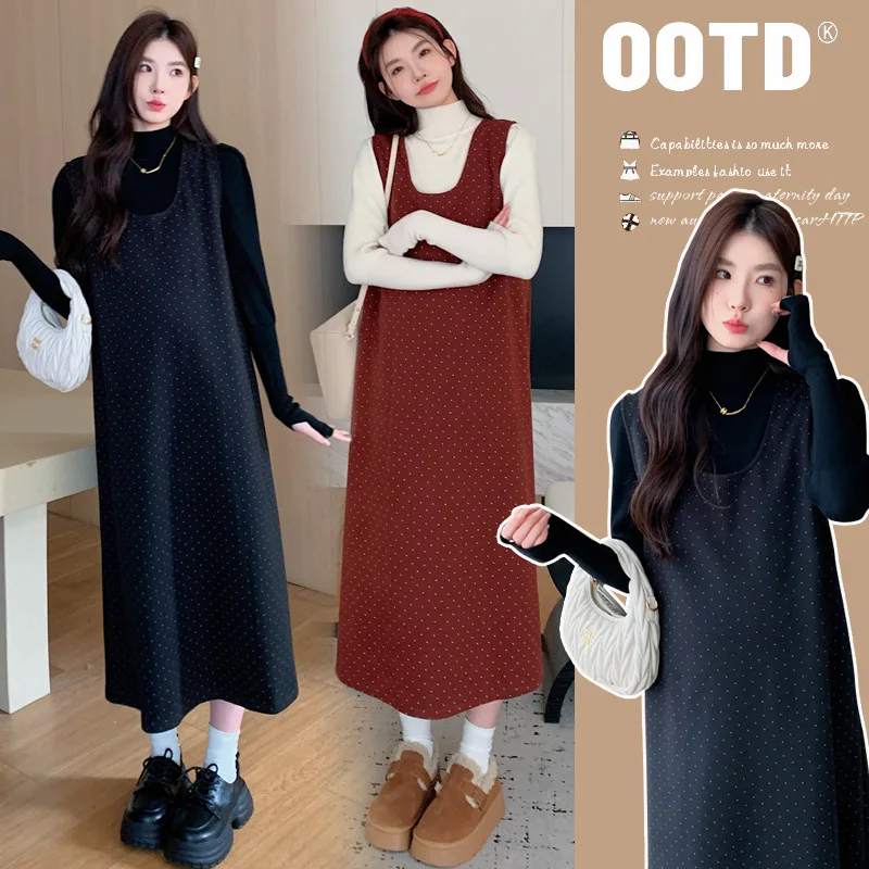 

Комплект платьев для беременных в корейском стиле, осеннее платье без рукавов в горошек с верхом, свободный крой, комплект из двух предметов для беременных больших размеров