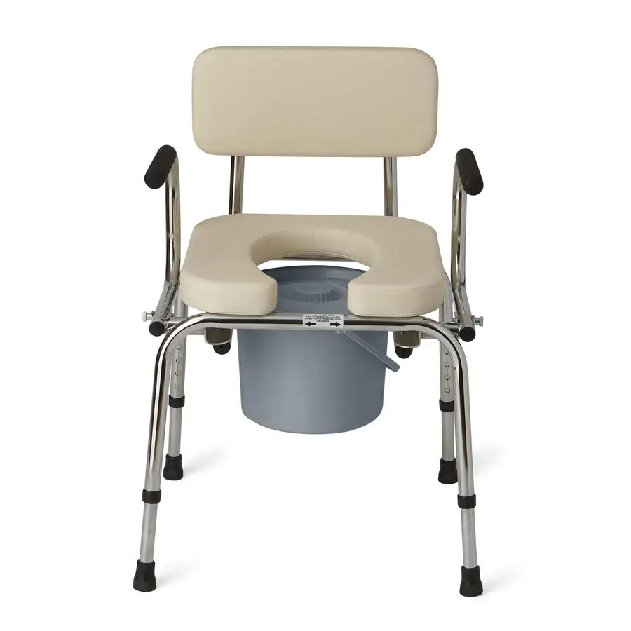

Drop Arm Commode with Padded Seat and Backrest, Durable Toilet Chair for Adults and Seniors, Removable Pail, Splash Guard, Drop