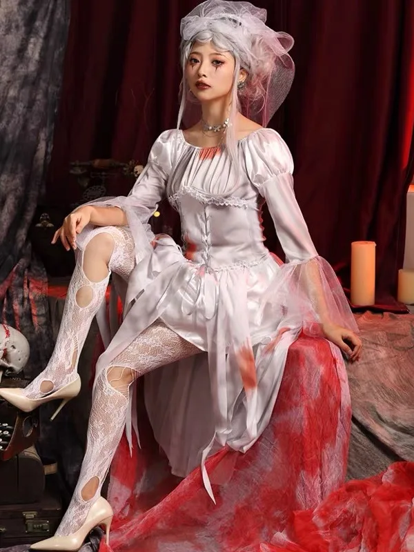 ชุดแต่งงานซอมบี้สำหรับงานฮาโลวีน ผู้ใหญ่และเด็ก คอสเพลย์เจ้าสาวผี ทำจากเส้นใยโพลีเอสเตอร์ 100% แบบดั้งเดิมของจีน...