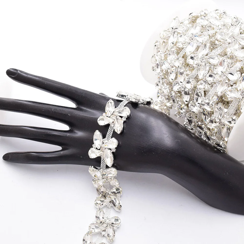 

1/5 Yard Silver Simple Flower Design Glass Crystal Rhinestone Chain Sewing Ribbon For Clothing Wedding Decoration Accessories