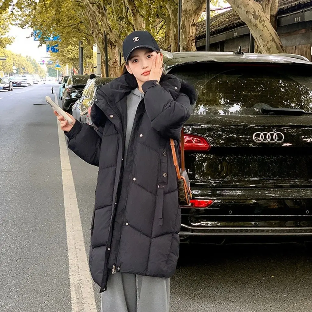 

Women's Cotton-padded Jacket Mid-Length Winter Coat Korean Style Thickened Loose Fit Large Wool Collar Casual Outerwear