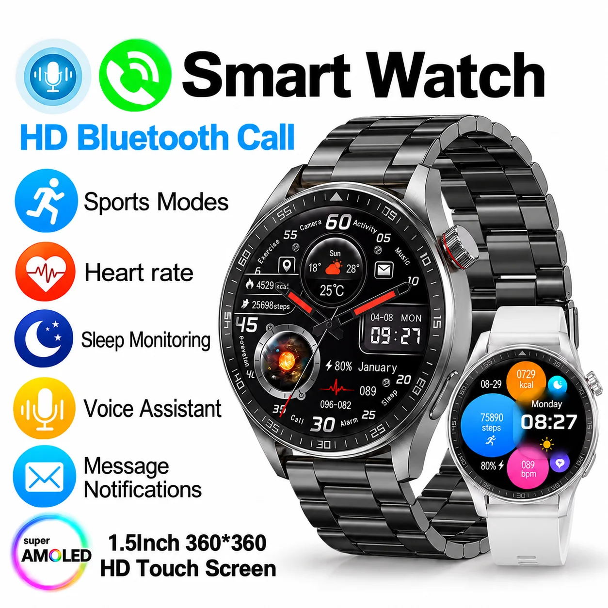 LAXASFIT Smart Watch 1.46" HD Gesture Answer SOS Bluetooth Call Heart Rate Monitor Fitness Tracker Sports Gift for Men Women