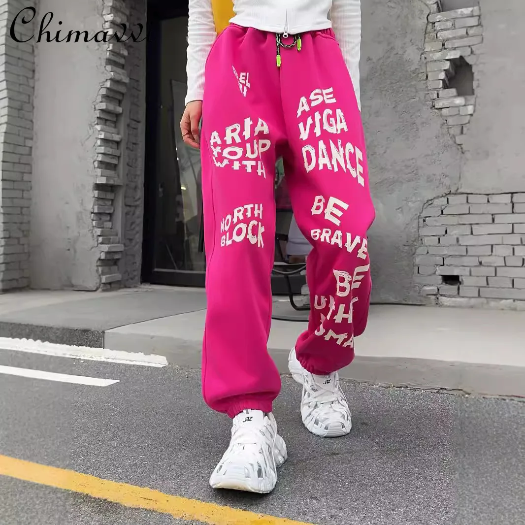 European Style Large Size Graffiti Letter Fleece Thickened Cargo Pants Women's Autumn New Fashion Sports Casual Sweatpants