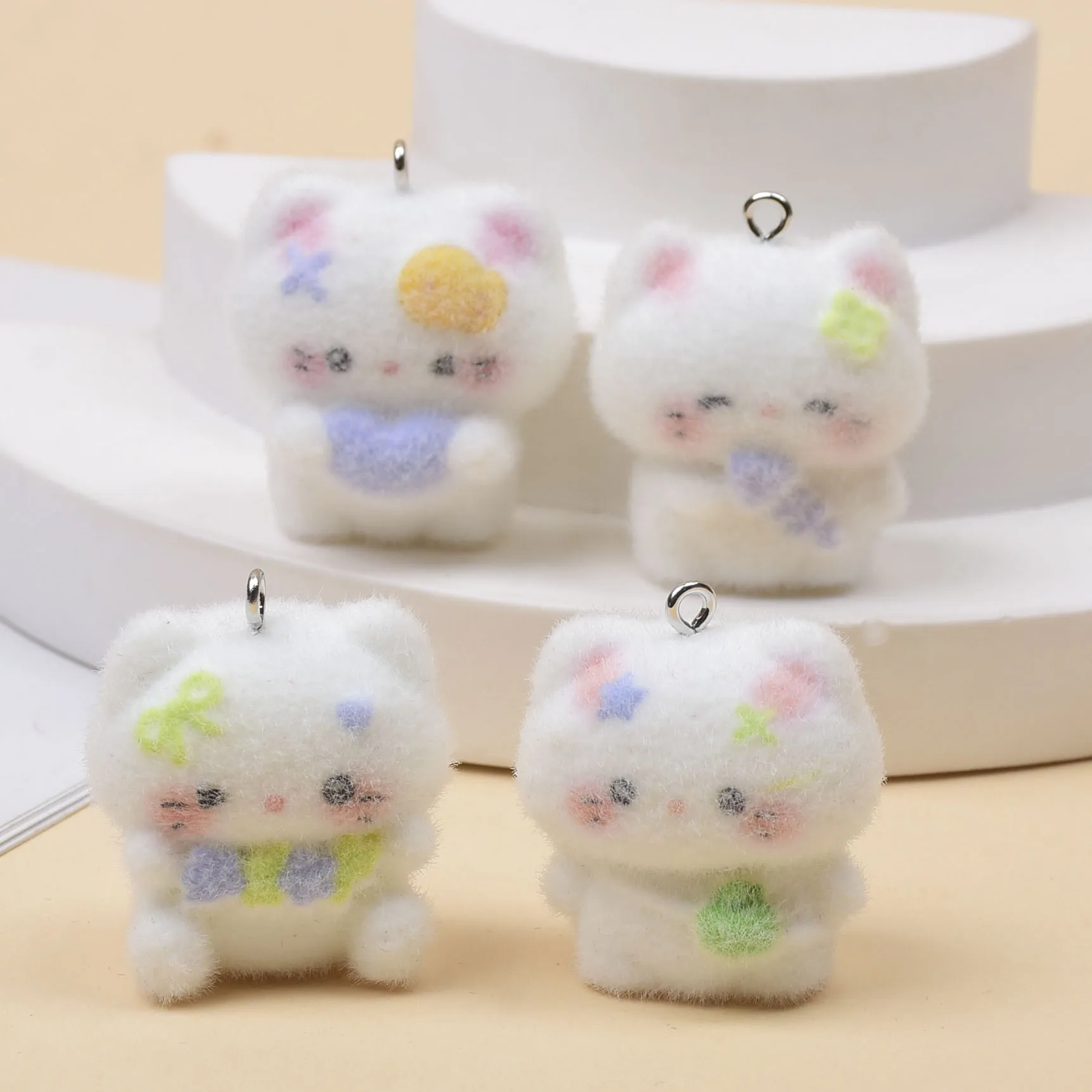 20pcs Cute 3D Flocked Cat Pendant DIY Accessories for Keychain  Phone Chain Cartoon Stereo Charms Wholesale