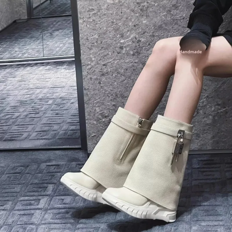 Genuine Leather Shark Boots Metal Lock Buckle Thick Bottom Short Tube Women's Fashion Pants Boot High Heel round Toe Rubbe