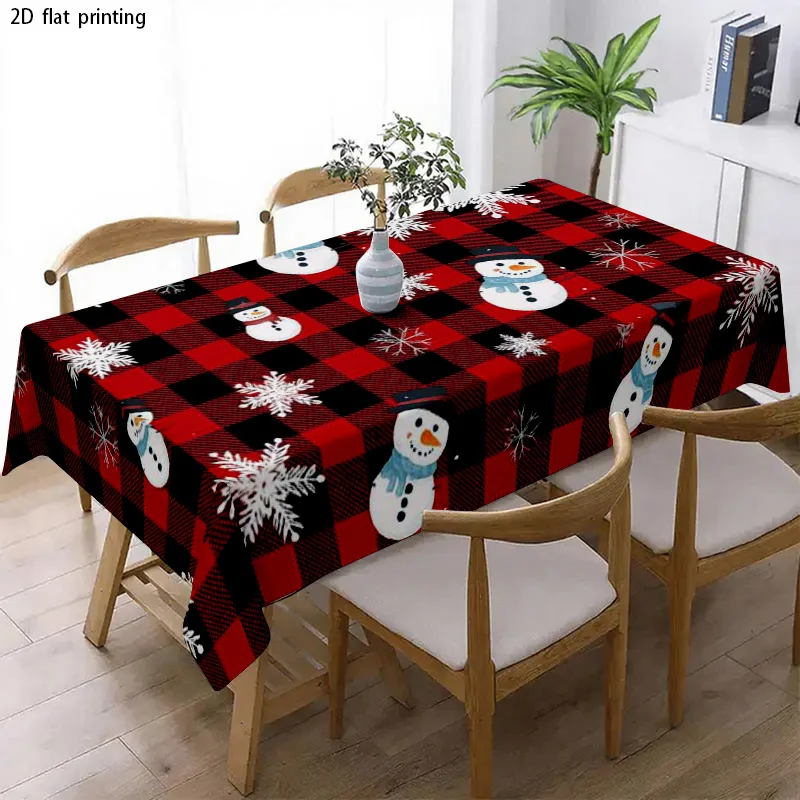 Xmas Plaid Tablecloth, Red Black Background With Snowman And Snowflake Pattern, Waterproof Table Cover for Daily Meals & Home