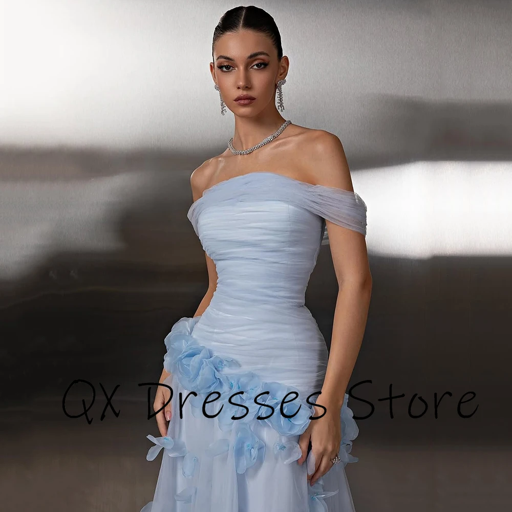 فستان سهرة مخصص مكشوف الكتفين من التول الأزرق السماوي مزين بدون أكمام سويب تراين للحفلات على شكل حرف a فستان حفلات على الأرض #5