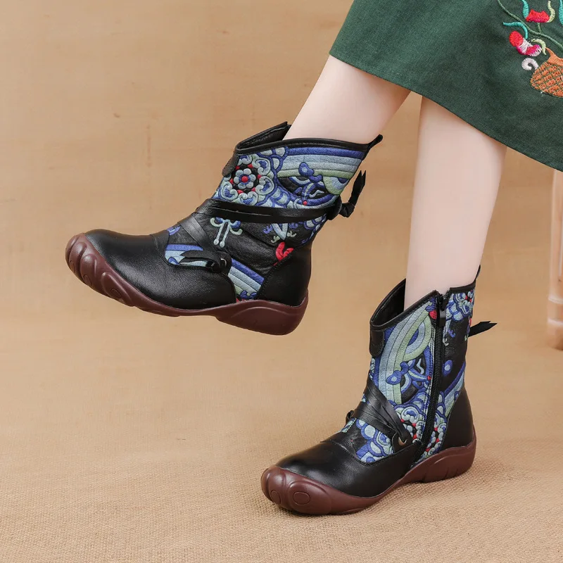 Xiuteng 2023 Ethnic Style Printed Retro Genuine Leather Shoes Women\'s Boots For Warmth And Comfort Cotton Ankle Shoes