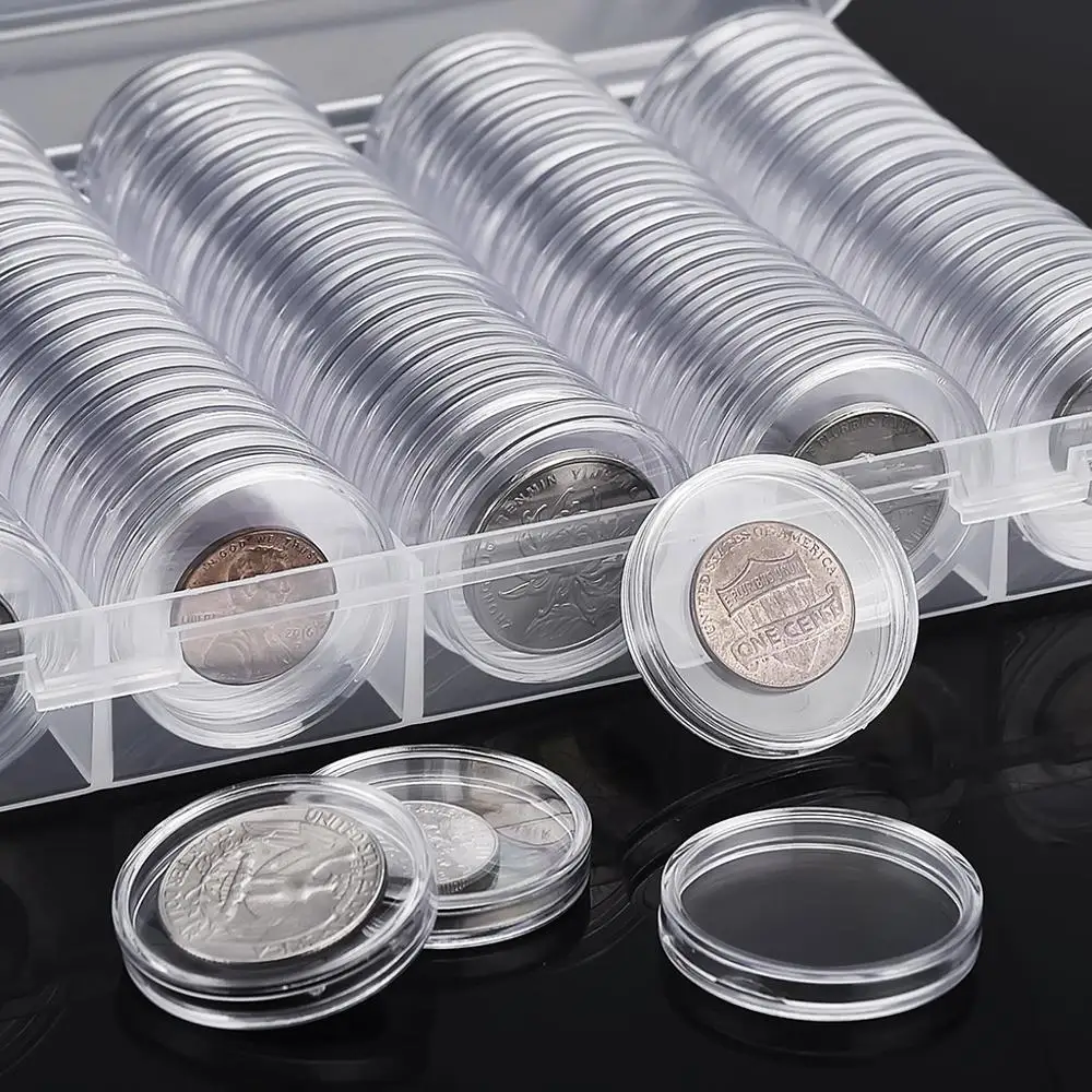 Transparente Clear Coin Capsule Holder Case, Comemorativa Coletável Caixa De Armazenamento, Suprimentos De Coleção, 27mm, 30mm, 100Pcs