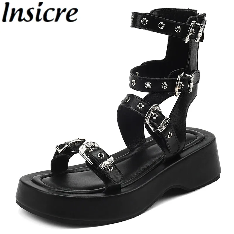 

Insicre 2022 Fashion Women Sandals Metal Knot Buckle Flats Platform Cow Leather Round Toe Zipper Summer Casual Shoes