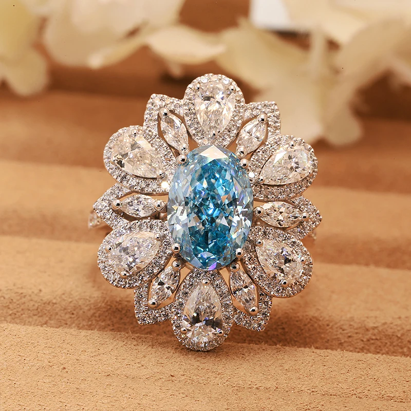 Flower Shape Oval Cut IGI Certificate 14k Gold 1CT Blue Color CVD HPHT  Lab Grown Diamond Jewelry Ring For Lady Handmade Jewelry