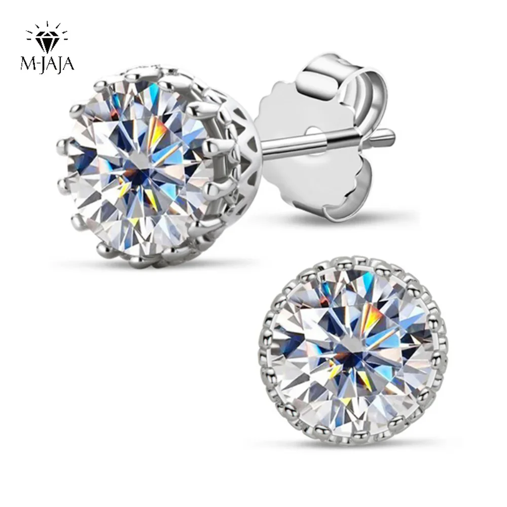 M-JAJA 100% 진짜 모이사나이트 귀걸이, 라운드 컷, 1ct D 컬러, VVSI 18K 화이트 골드 도금, S925 스털링 실버, 고급 보석 선물