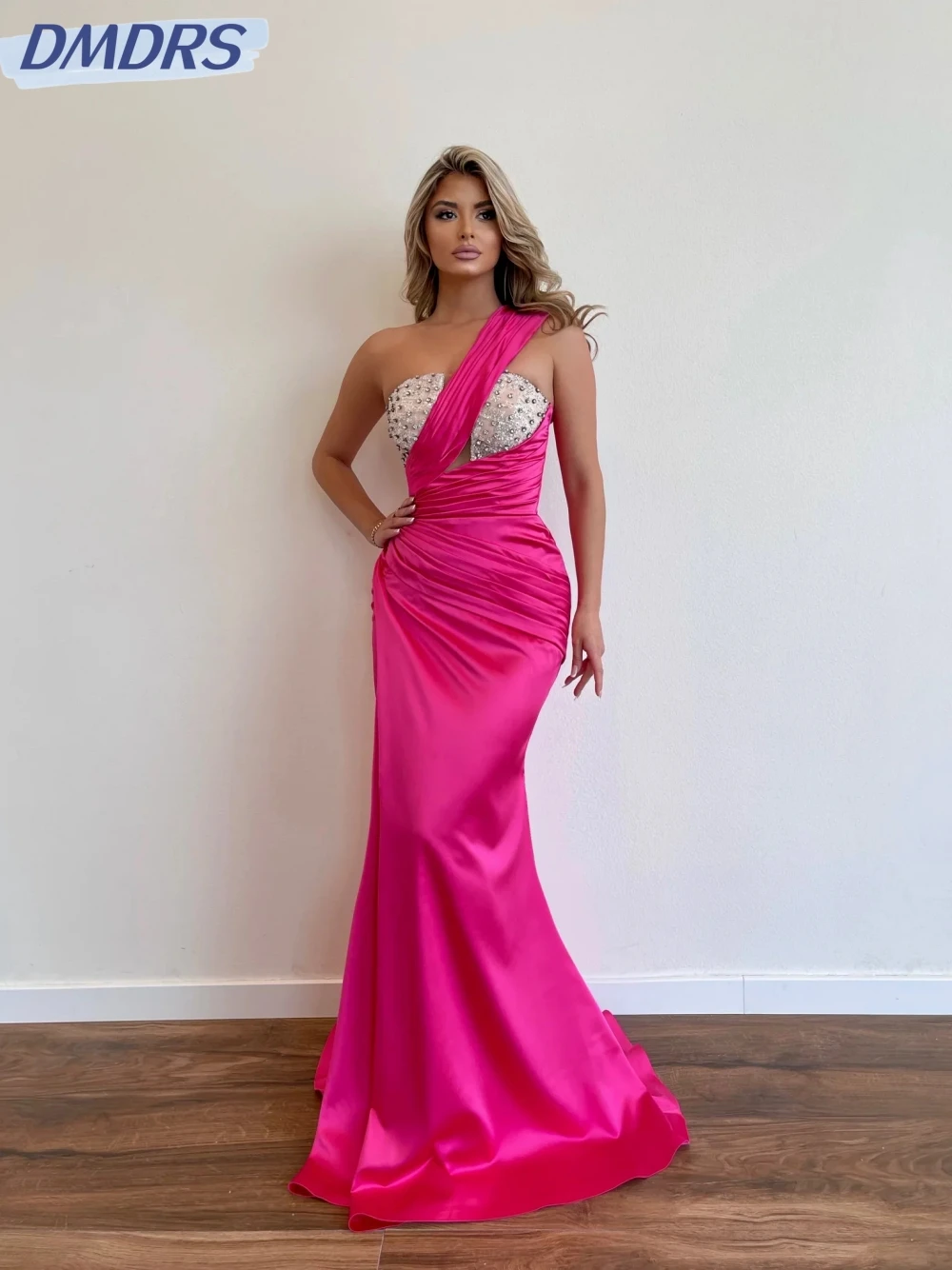 Sexy One Shoulder Sleeveles Prom Gown Sparkly Crystal Sequins Evening Dress Graceful Satin Cocktail Dresses Vestidos De Novia