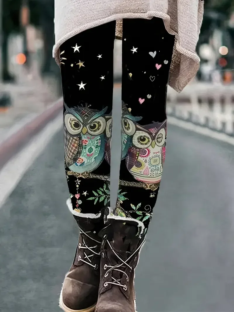 Women Plus Size 1XL-5XL Casual Owl Print Leggings Skinny Leg Design Super Stretchy Material Casual Daily Wear Designed Leggings