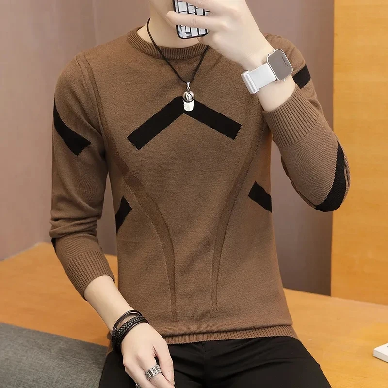 Men's Sweater Pullover O Neck Slim Long-Sleeve Knitted Tops Autumn Winter New Korean Casual Pull Homme Fashion Knitwear