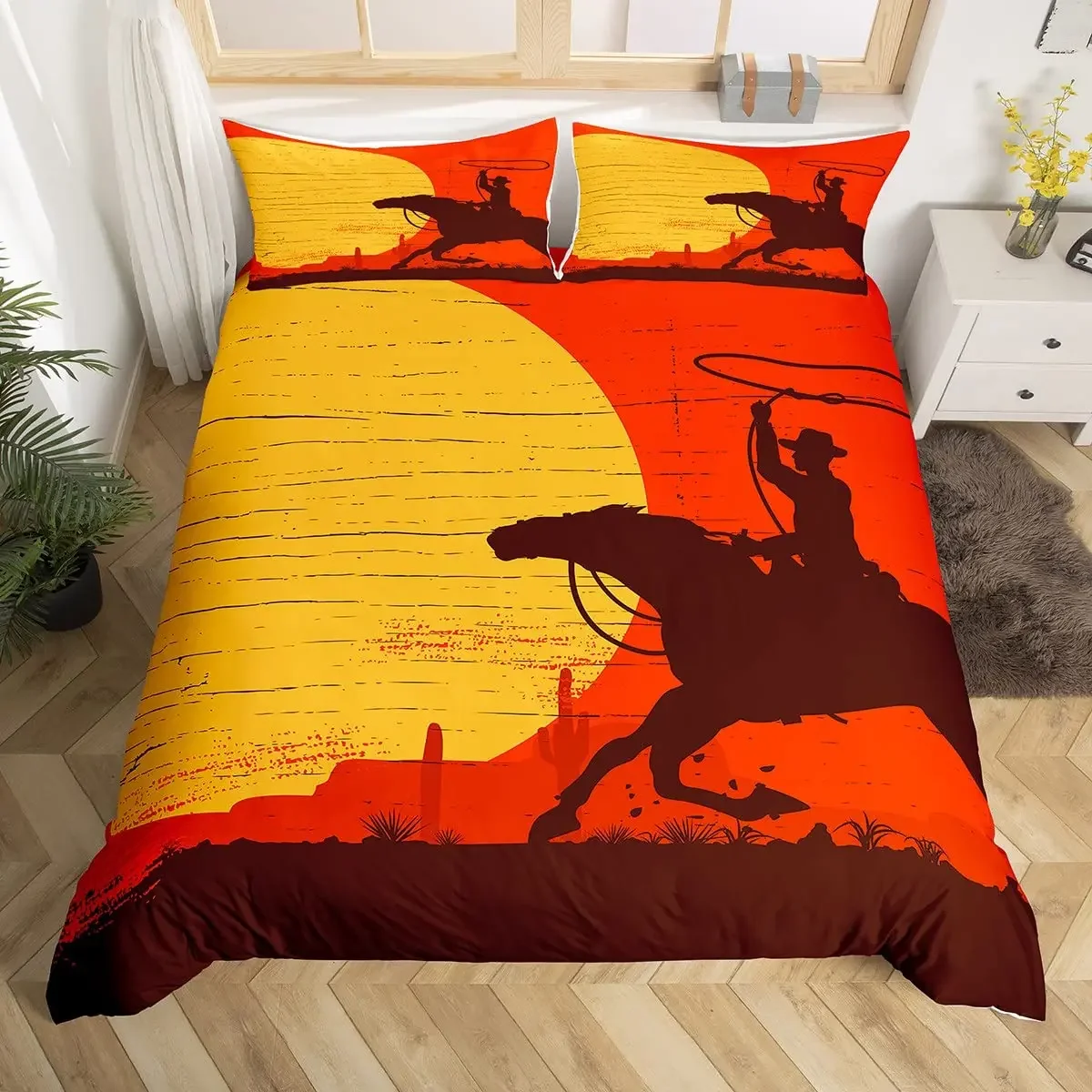 Conjunto de capa de edredão de cowboy ocidental, vintage equitação touro de madeira sinal antigo deserto no pôr do sol imagem estilo retro conjunto cama king size