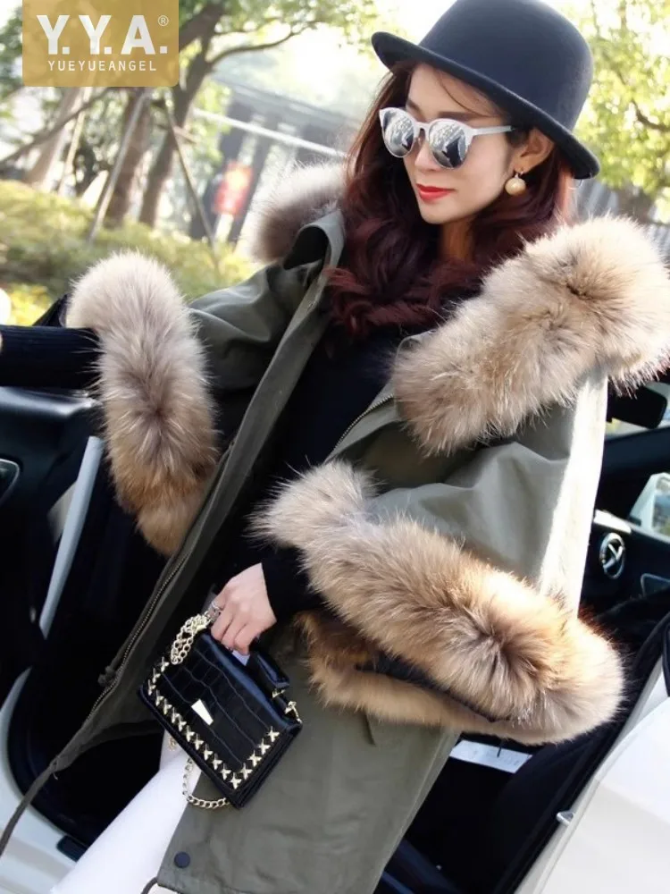 Women Fashion High Street New Winter Parkas Padded Coat Detachable Raccoon Fur Collar Office Lady Hooded Cloak Casual Overcoat